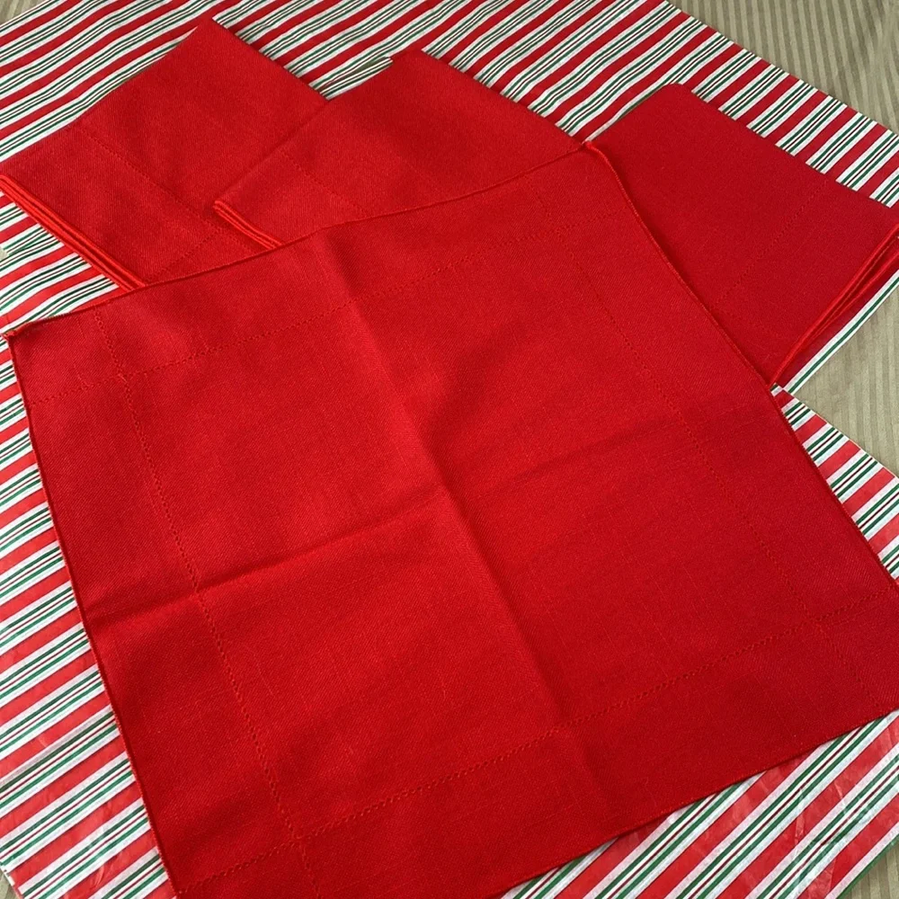 60s vintage red linen dinner napkins hemstitch edge set of 4 I have 12 available